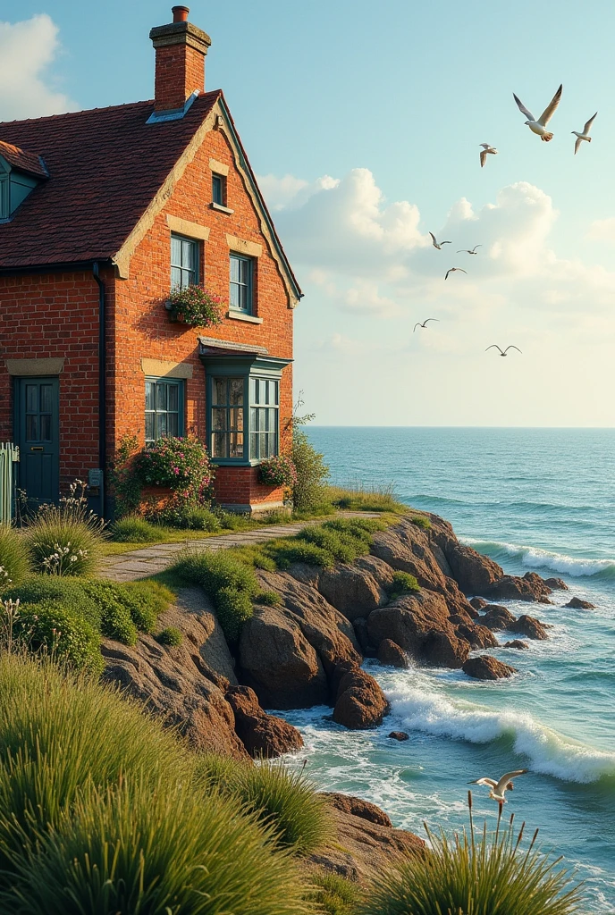 House with bricks and sea besides it