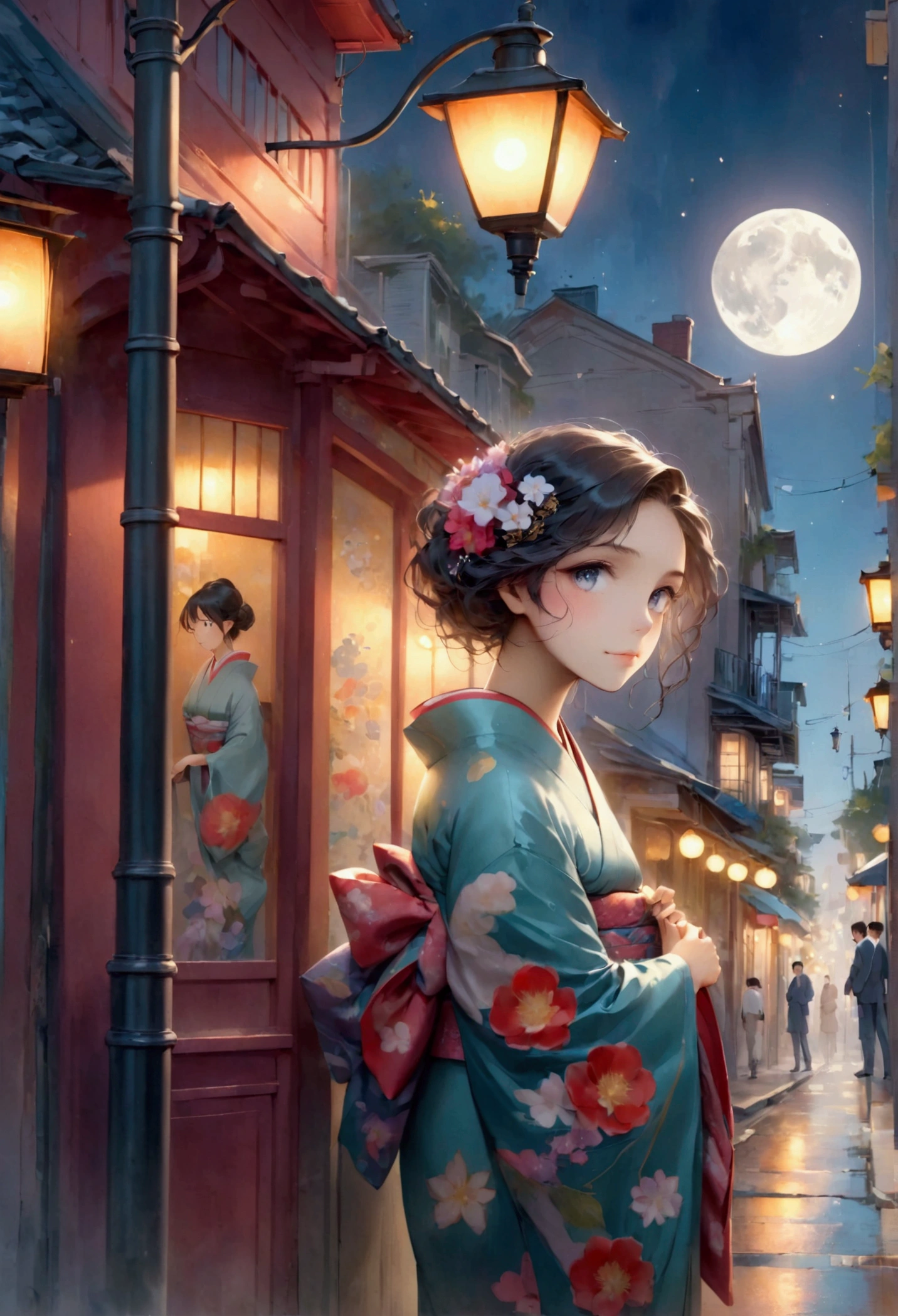 Studio Ghibli style、Under the crescent moon、New Orleans street corner、Beautiful Japanese woman in a kimono leaning against a gas lamp Beautiful and detailed eyes　A sad and gentle smile