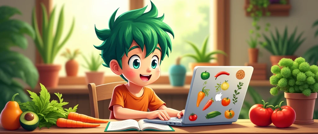 an image that represents what it is "healthy food blog" with a boy with green hair and blue eyes, in 2d anime with vegetables and fruits and a laptop