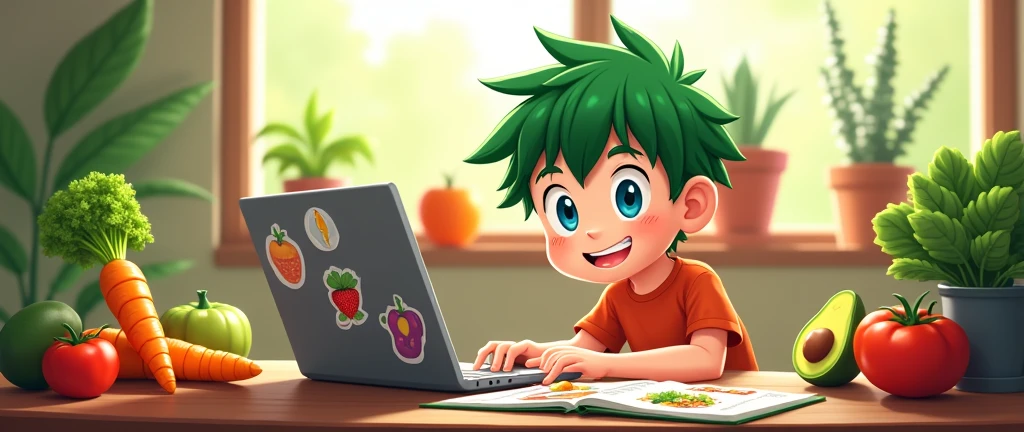 an image that represents what it is "healthy food blog" with a boy with green hair and blue eyes, in 2d anime with vegetables and fruits and a laptop