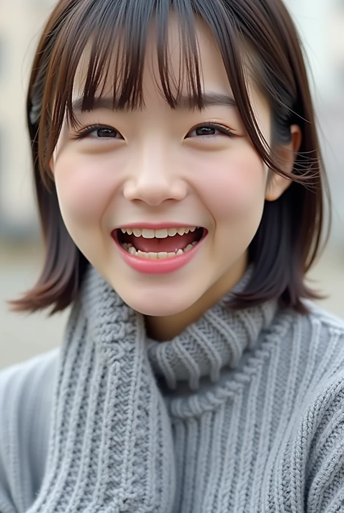 Highest quality,Japanese Idols, Short Bob Hair、bangs、Award-winning photo, Very detailed, Edge Orgasm, Face Focus, (Woman with open mouth and closed eyes ), Age 30、Black Hair、 News anchor、Glowing Skin,From below、Realistic nostrils、Browsing Caution,Shortcuts、Big Breasts、Vibrator prank in public, 公共の場でのBig Breasts女性, She leaned back., (She closed her eyes), she yawns, She wants you to stop using vibrators