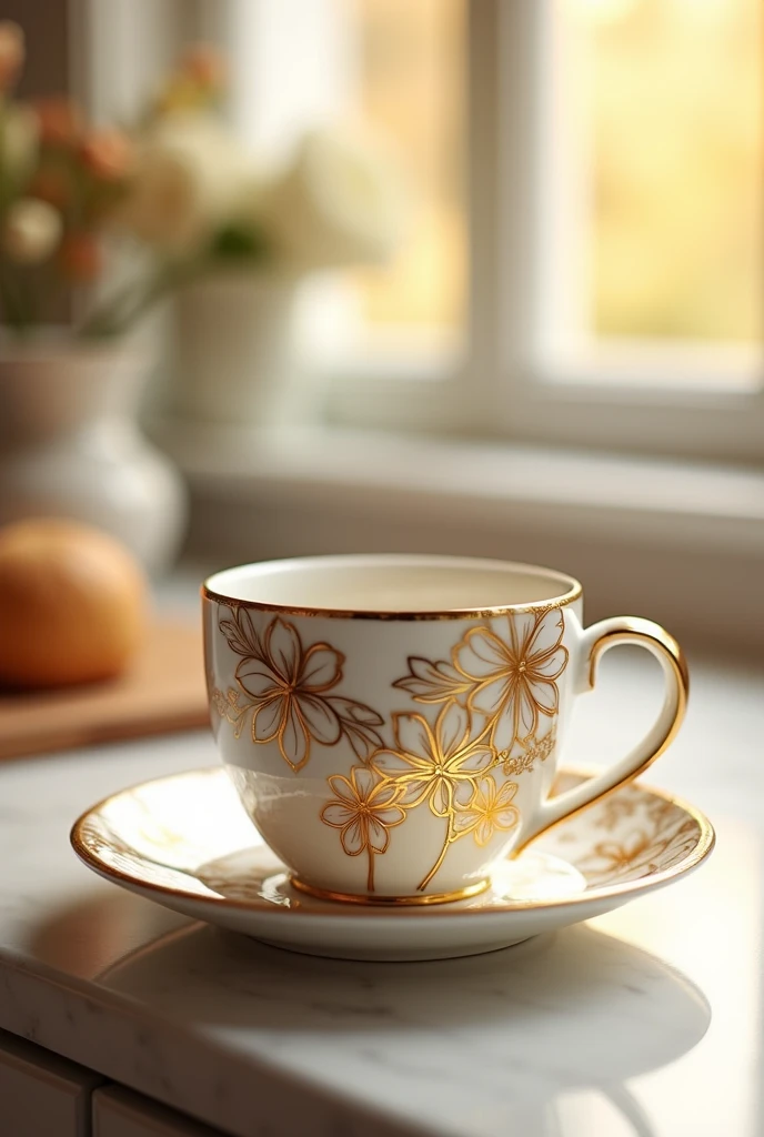 Create a white coffee mug set with gold flowers in its design, all very realistic.