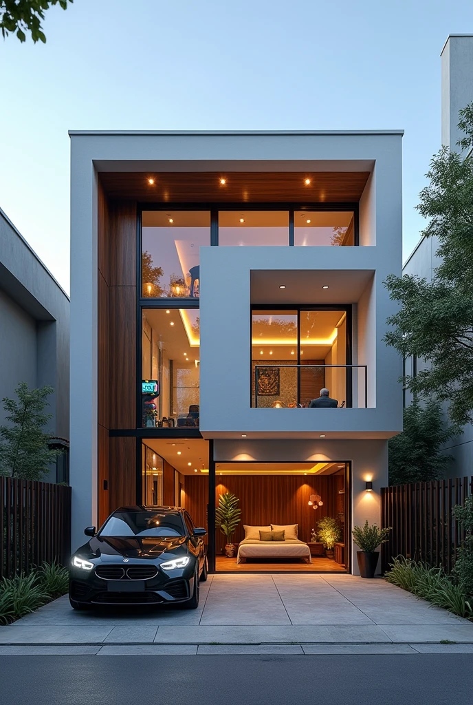 create a house containing 3 rooms, one of which is for games, guest rooms and the master bedroom with bathrooms, containing a kitchen, livingroom, social bathroom, laundry area, garage for car and motorcycle and a small courtyard at the front with a high wall and gate that prevents anyone from seeing in from the outside, which has no floors