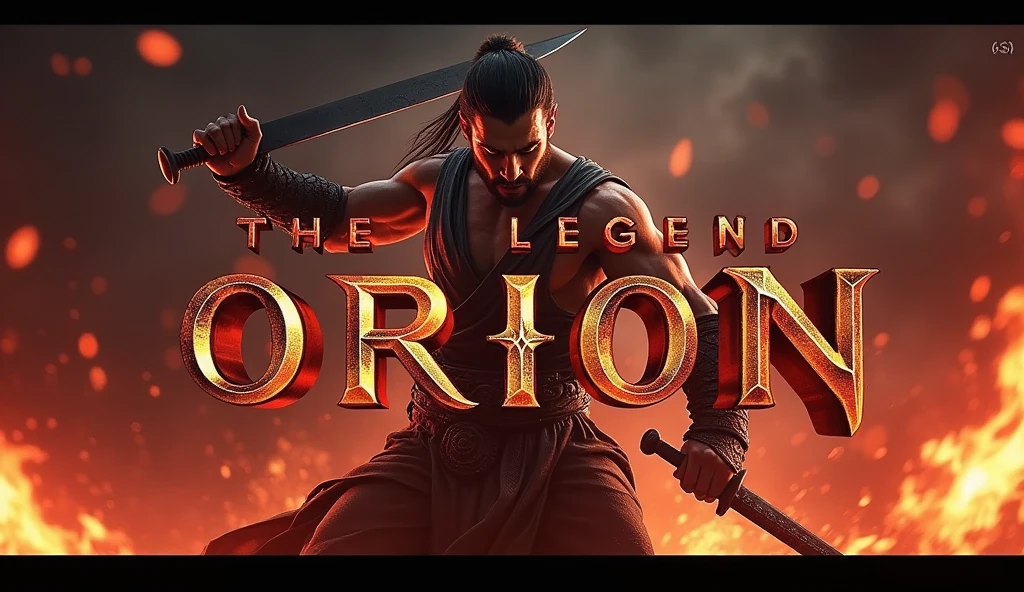 "prompt": "Design a YouTube thumbnail showcasing an intense and fierce character mid-battle, with sparks flying and dynamic motion captured in the scene. The background features a mix of fiery reds and dark shadows, creating high contrast. The character’s expression is intense, showing focus and determination. The text 'The Legend Orion' is in bold, fiery font with a metallic texture, enhancing the epic and dramatic atmosphere of the scene."
