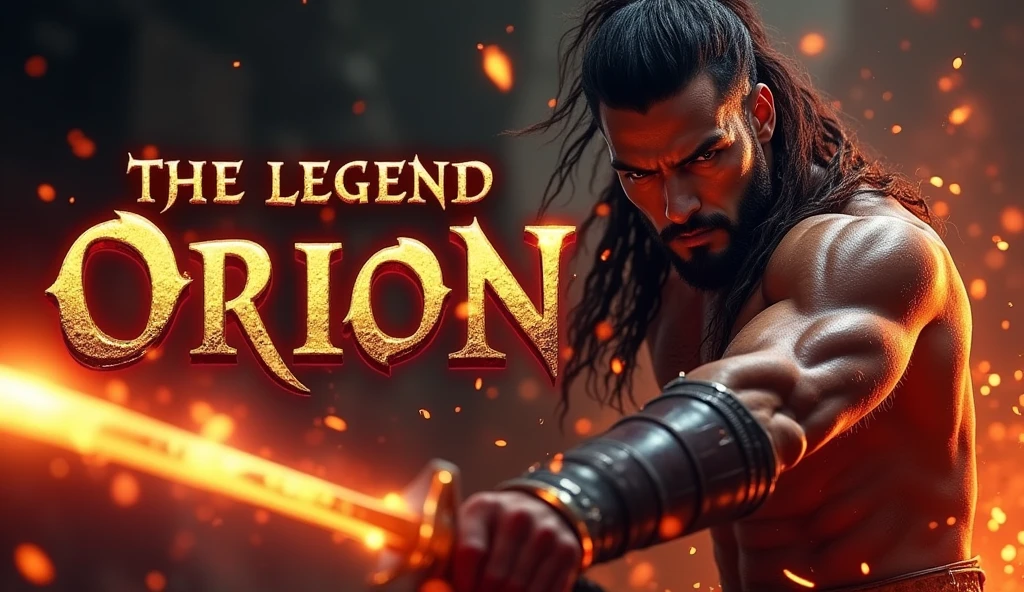  "prompt": "Design a YouTube thumbnail showcasing an intense and fierce character mid-battle, with sparks flying and dynamic motion captured in the scene. The background features a mix of fiery reds and dark shadows, creating high contrast. The character’s expression is intense, showing focus and determination. The text 'The Legend Orion' is in bold, fiery font with a metallic texture, enhancing the epic and dramatic atmosphere of the scene."