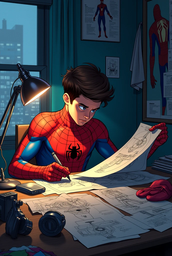 Peter parker designing his spiderman suit inside his room at a desk. Comic Type