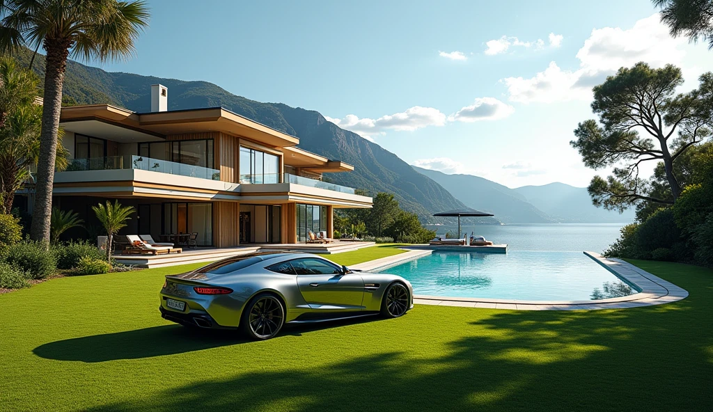 luxury mansion with a luxuary car parked in front of it, green yard with trees, behind sea and mountains, luxury pool, luxury lifestyle, luxurious environment, luxury architecture, rich, huge mansion, rich style, luxury and elite, extremely opulent, luxurious, hyper luxurious, majestic masterpiece, wealthy, luxury, stunning grand architecture, exquisite masterpiece, flaunting his wealth, inside a grand, architectural masterpiece