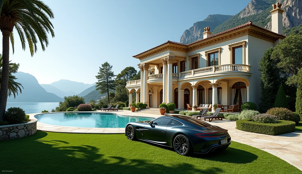 luxury mansion with a luxuary car parked in front of it, green yard with trees, behind sea and mountains, luxury pool, luxury lifestyle, luxurious environment, luxury architecture, rich, huge mansion, rich style, luxury and elite, extremely opulent, luxurious, hyper luxurious, majestic masterpiece, wealthy, luxury, stunning grand architecture, exquisite masterpiece, flaunting his wealth, inside a grand, architectural masterpiece
