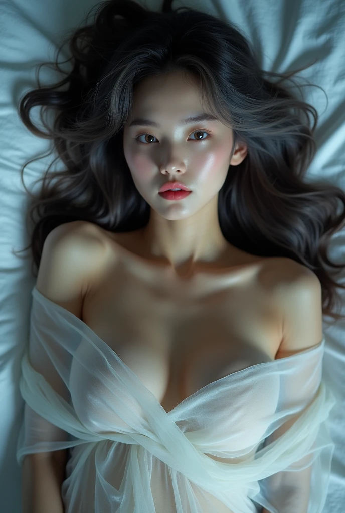 Overhead beautiful korean girl, 20 years old, lie down on white sheet, long ash grey wavy hair, sexy pink moist lips, detailed beautiful face, detailed blue eyes, detailed skin texture, light make up, arm up, sexy body, small breasts. She's covering her body with a white transparent scarf, can see her body curve. Pleading eyes, slightly open mouth, looking at the viewer. The sheet is white, night time, very dark room, High contrast, ultra sharp focus, arms up, small breasts. Side lighting studio cast a ((shadow and highlight area)), on white sheet, arms up