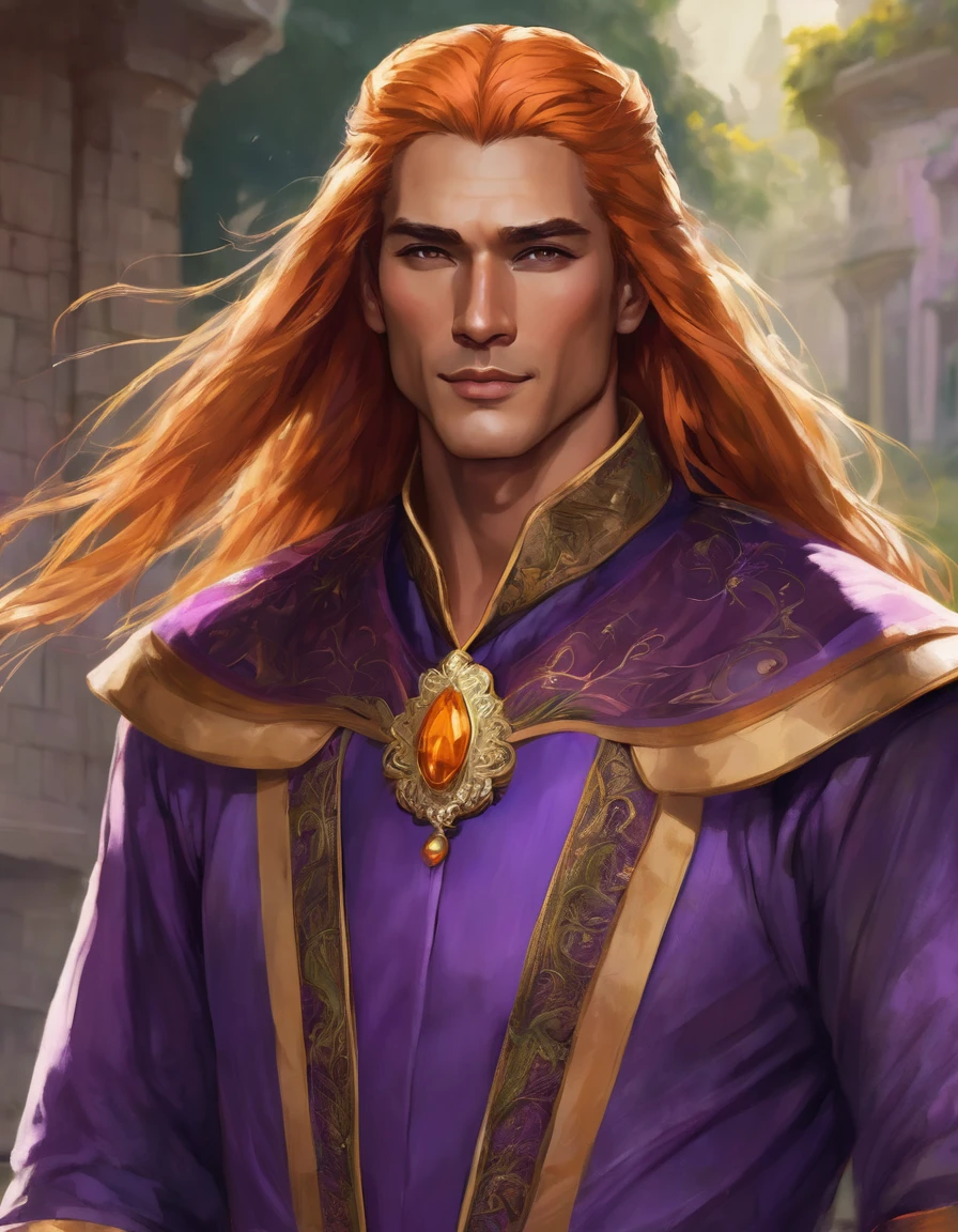 Handsome man with long orange hair and purple eyes, light tan skin, broad shoulders and wearing a royal outfit. NO facial hair, no smile
