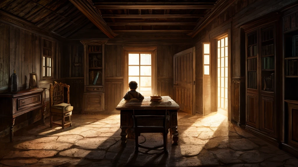 “The boy inside the old house, surrounded by dusty, ancient furniture and cobwebs, exploring the dimly lit space.”