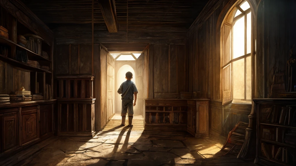 “The boy inside the old house, surrounded by dusty, ancient furniture and cobwebs, exploring the dimly lit space.”
