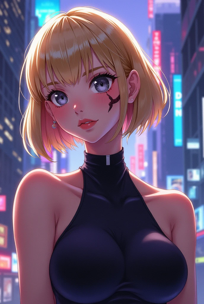 A woman in cartoon anime style with a body similar to Violet from Arcane and hair with the same cut but blonde, gray eyes and a scar on the left side of his mouth