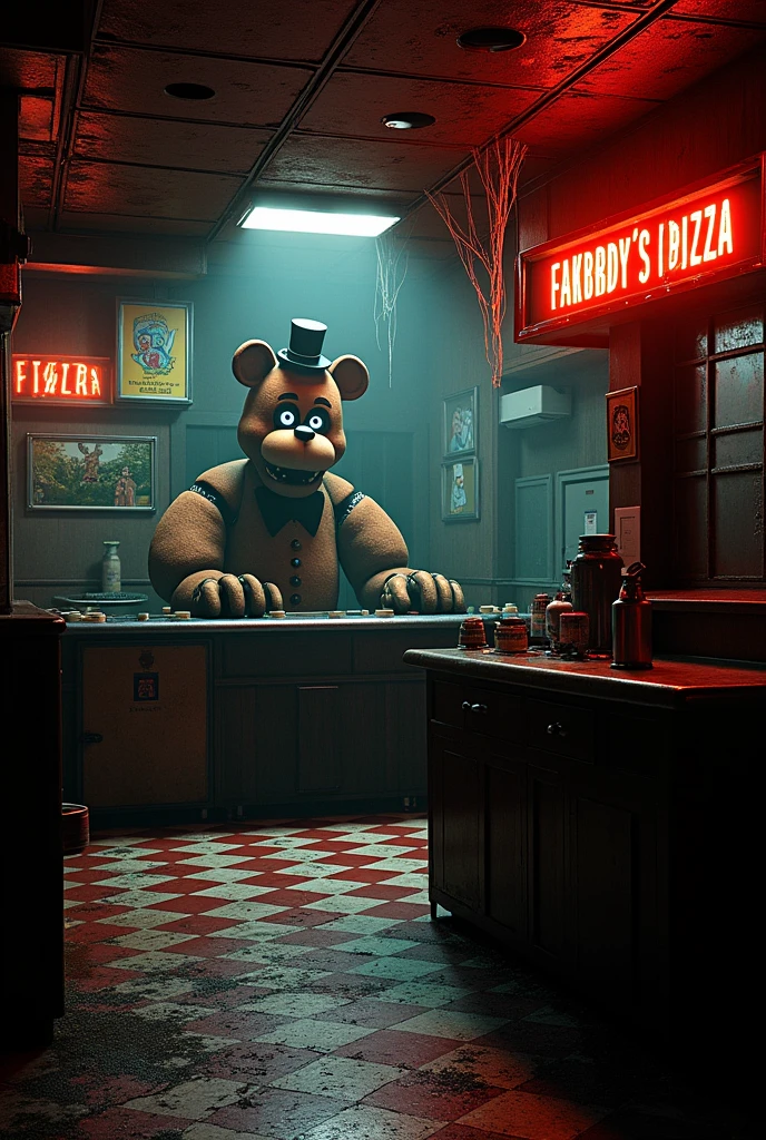 Real photo of Freddy Fazbear&#39;s Pizza store, scary and dark scene
