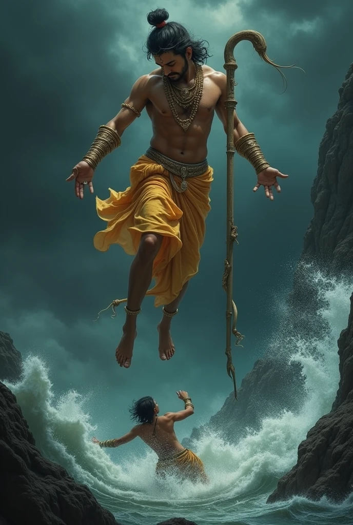 Lord Balarama saving a fallen soul from the material world in the form of an ocean. Using one of his hands to save the fallen soul and the other he uses to put His plough inside His Dhoti here Balarama looks with mighty hands and is very decorated with armlets and only one garland on Him. an aesthetic image showing a dark background almost like it's am ocean during a storm. He is not in contact with the ocean rather He is in the air and reaching out to the fallen soul who's hand is holding Balaram's