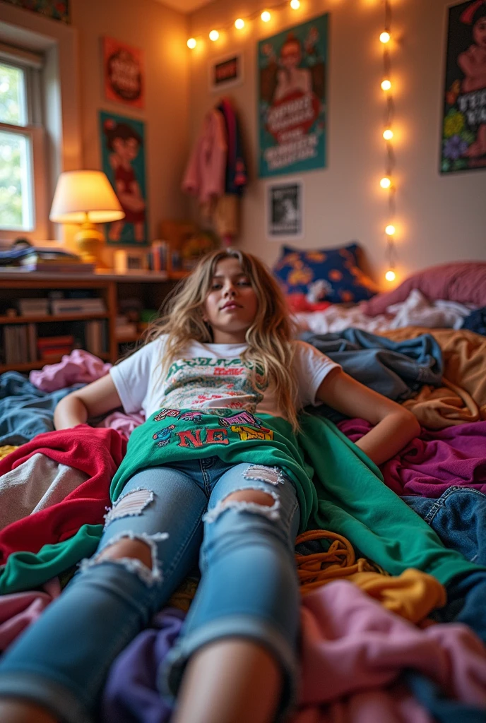 A realistic photo of teenage girls clothing piled on the floor