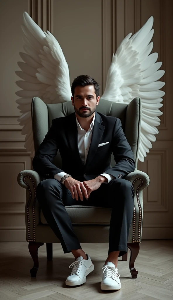 Create a realistic image for a profile picture where a 38 year old “Man”,With a Black suit, casually on a wings back chair, wearing sneakers a white,, the background features “Kon Murshid ?” in big and capital letters Boss Style font on the back wall, there should not be his shadow and there are wings to make it appear as if he is angel. full ultra realisitic qulaity