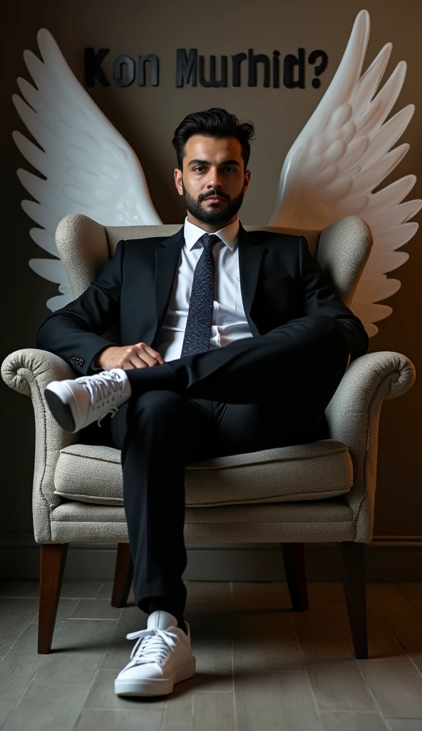 Create a realistic image for a profile picture where a 38 year old “Man”,With a Black suit, casually on a wings back chair, wearing sneakers a white,, the background features “Kon Murshid ?” in big and capital letters Boss Style font on the back wall, there should not be his shadow and there are wings to make it appear as if he is angel. full ultra realisitic qulaity