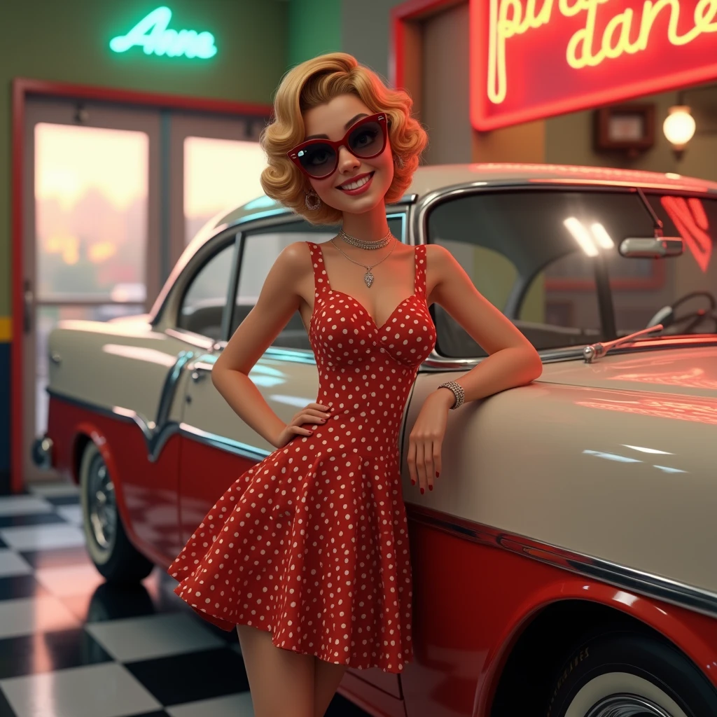 Prompt: Create a photorealistic image of Anna, 25 years old, posing next to a classic car in a retro-themed diner setting. She is wearing a polka dot dress with a flared skirt and cat-eye sunglasses. Her hair is styled in vintage curls, and she has a playful smile as she leans against the car with one hand on her hip. The scene is vibrant with neon signs, checkered floors, and a 1950s vibe, capturing the nostalgia of the era.