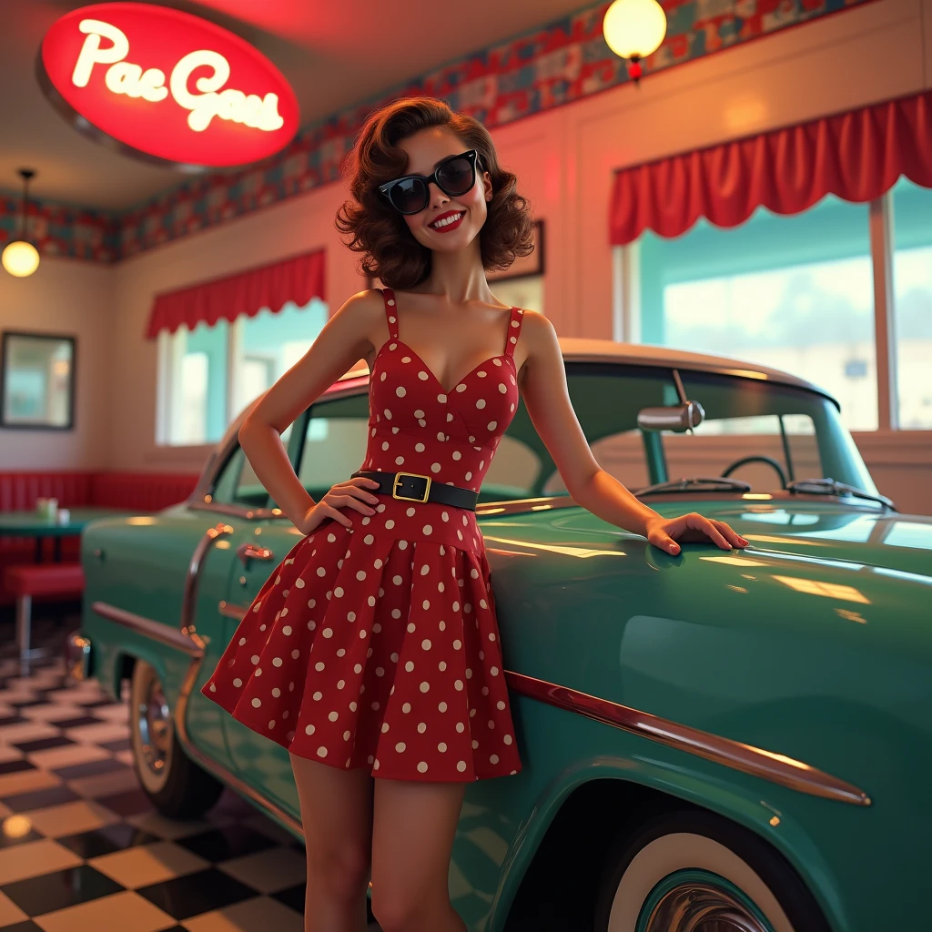 Prompt: Create a photorealistic image of Anna, 25 years old, posing next to a classic car in a retro-themed diner setting. She is wearing a polka dot dress with a flared skirt and cat-eye sunglasses. Her hair is styled in vintage curls, and she has a playful smile as she leans against the car with one hand on her hip. The scene is vibrant with neon signs, checkered floors, and a 1950s vibe, capturing the nostalgia of the era.