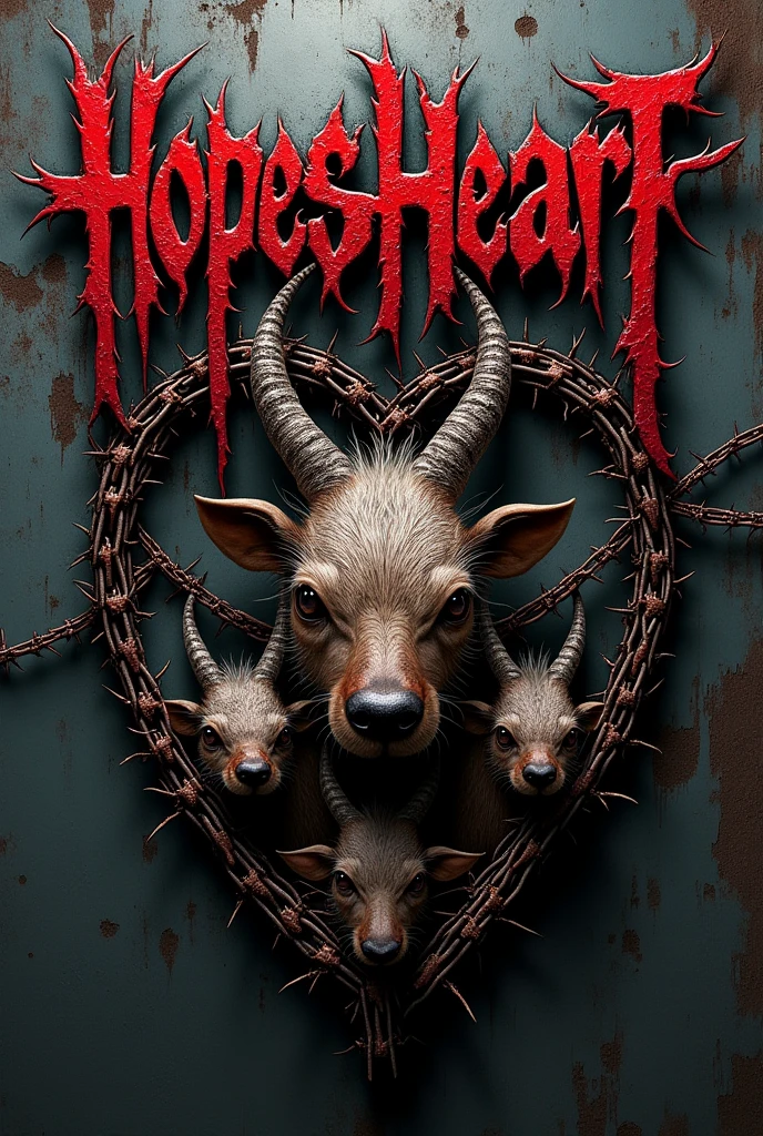 Hyper realistic , 4k, ultra realistic,A Deathcore Metalcore band logo with the text “HopesHeart” at the top center. The text  “Broken Chromosomes” at the bottom center. Logo needs to include a very bloody heart getting ripped out of a females  chest with thorns, bloody DNA strands, horror, gore, body parts, body organs, gory body heart ripped out 