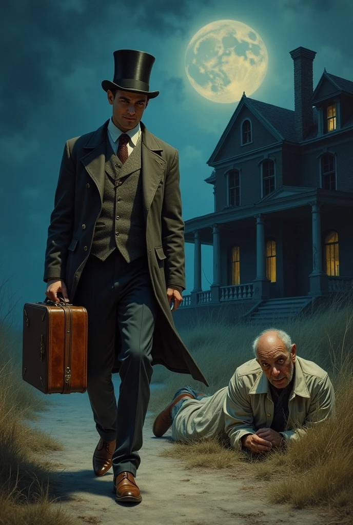 "A male human figure with a pronounced hump on the back, dressed in a shabby suit and a top hat, walk to the left of the image. He carries a brown leather suitcase in his right hand and an enigmatic smile on his face.. His gaze is directed towards the horizon, with an expression of determination and freedom.

Behind him, on the right side of the image, The figure of an older man is found, dressed in an elegant suit and lying on the ground. The man&#39;s clothes are in disarray and his face shows an expression of surprise and defeat..

In the background, You see a big, dark house, with broken windows and a smashed door. The full moon shines in the night sky, illuminating the scene with a harsh, silvery light.

The predominant color is a dark blue, with brown and grey tones in the shadows. The illustration must have a realistic style, with precise details and a dramatic and emotional atmosphere."

