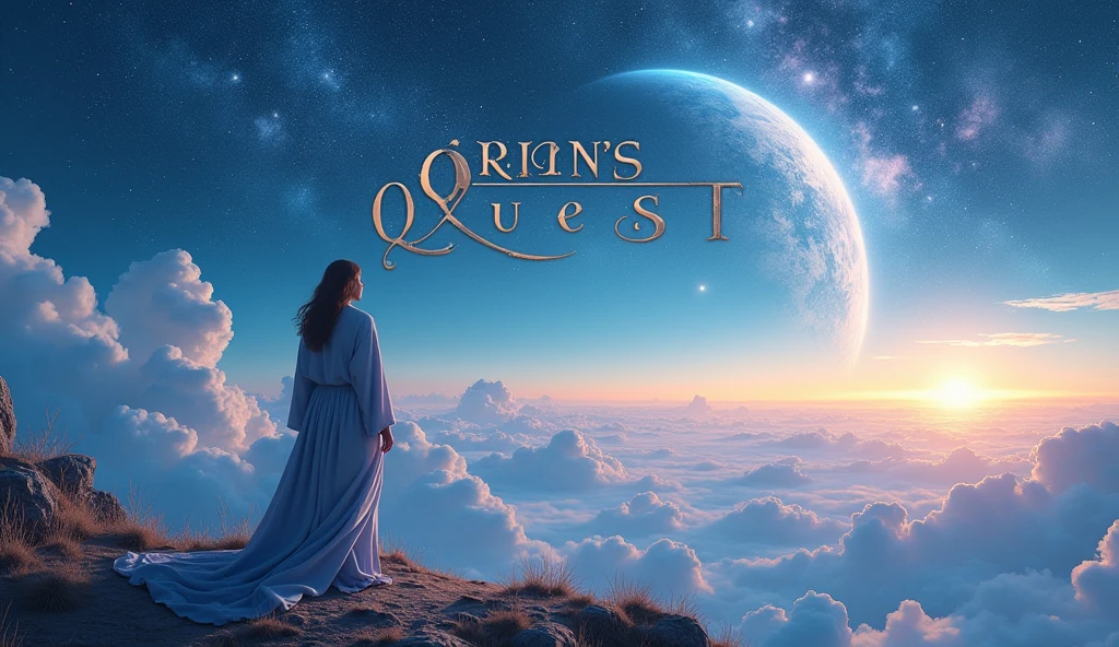 "prompt": "Create a YouTube thumbnail featuring a serene and contemplative character standing at the edge of a cosmic landscape. The character gazes into the distance, where distant planets and stars are visible. The background is a blend of Sky Blue and Silver with hints of gold, giving the image a celestial and otherworldly feel. The text 'Orion's Quest' is in an elegant, flowing script, adding a sense of grandeur and adventure to the scene."