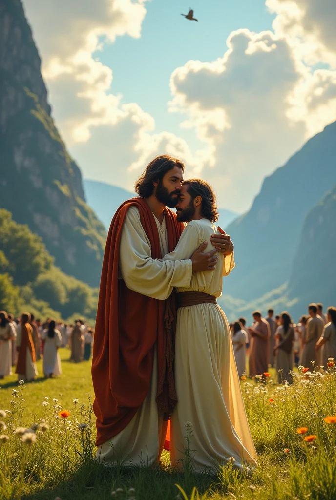 Jesus embracing his disciple who rests his head on his shoulder in the middle of the field between mountains surrounded by people