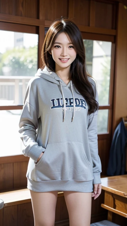 A Japanese milf, photo of one girl, Slender figure, Realistic teeth, wearing oversized hoodie, smile, full-body, masterpiece, best quality, detailed, beauty, Pub, indoor,
