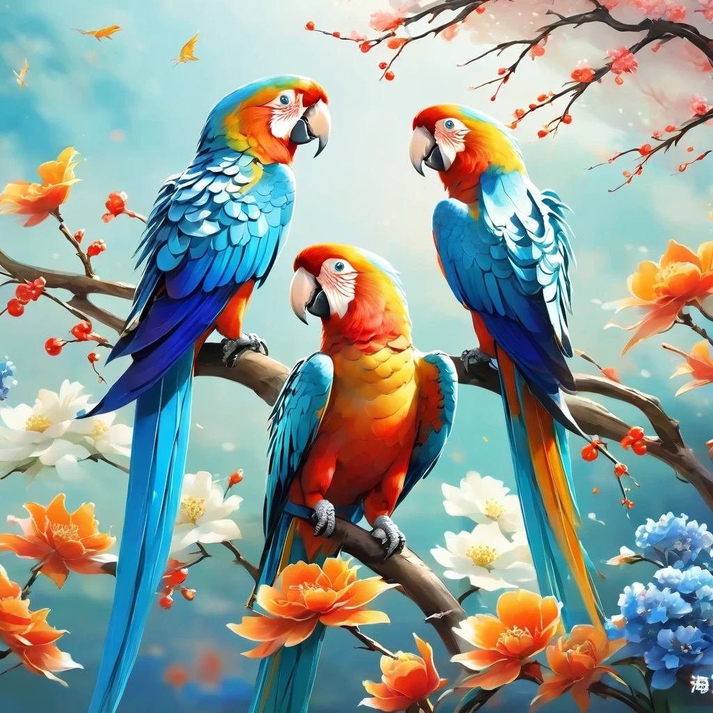 Chinese composition, a colorful parrots facing each other, perched on branches, long tail, blue flowers, artwork, white space, Chinese style, soft tone, low contrast, 2.5 D illustration, SD rendering, best quality, 4K, nature-inspired compositions,