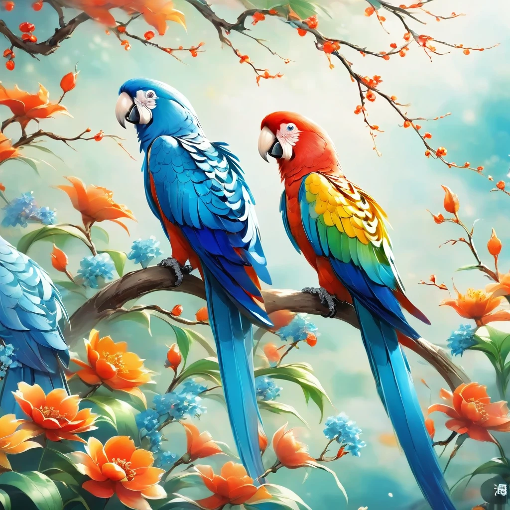 Chinese composition, a colorful parrots facing each other, perched on branches, long tail, blue flowers, artwork, white space, Chinese style, soft tone, low contrast, 2.5 D illustration, SD rendering, best quality, 4K, nature-inspired compositions,