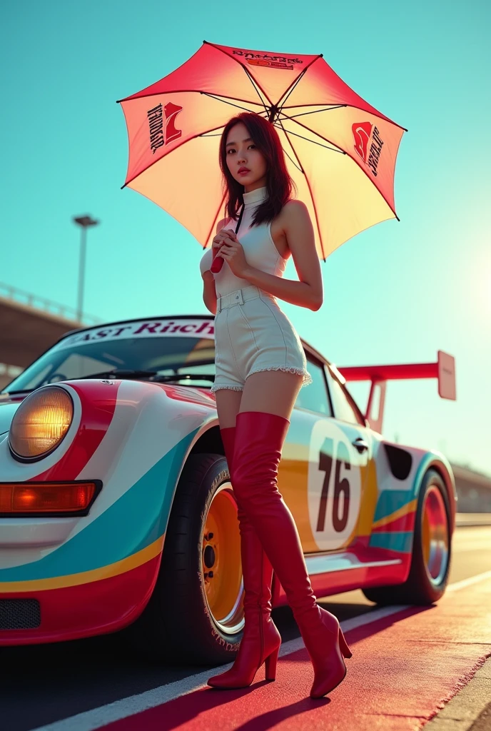 uhd, realistic, racing queen with korean beauty similiar to tae yon with her face clearly visible, wear boot, left hand holding a open umbrella, on race track, full signal light on top, morning sky, the background is racing porsche 959 full racing sponsor .use the RenderMan renderer.digital art. High definition, high contrast, high color saturation ,3d,128k,cinematic lighting, intricate,cinematic lens, advertising photograph,ultra detail.