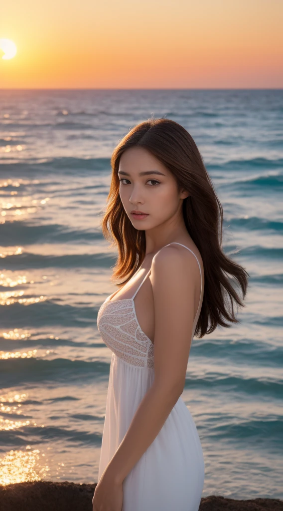 (Daytime, wonderful, 8k, masterpiece:1.3)), whole body, Long legs, focal distance: 1.2, Perfect Body Beauty: 1.4, Slim Abs: 1.1, ((Dark brown hair, Big Breasts: 1.2 )), (White Dress, Are standing: 1.2), ((Ocean, sunset: 1.3)), Highly detailed face and skin texture, Detailed eyes, double eyelid, long hair flying