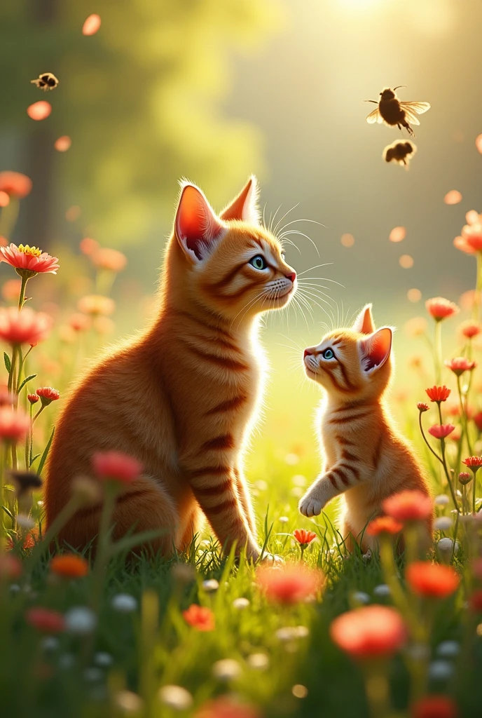 The father cat reaching the small cat, swatting away the bees with his strong paw. The small cat looks up in relief, while the bees start to disperse.