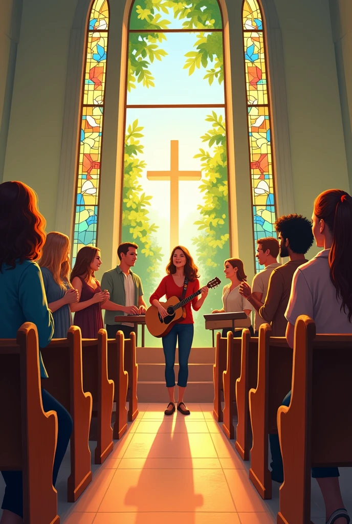 Create an illustration for the profile of the worship ministry here at the Presbyterian Church of Campos de Júlio. 