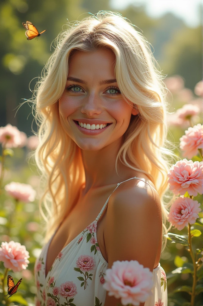 Belle femme blonde souriante, de beau cheveux mi long, un regard 