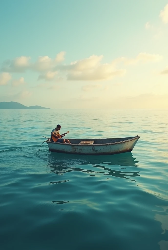 Playing guitar on a remote boat in the middle of the endless ocean. The man and the boat are very small, and they look mega far away in the image, They look tiny