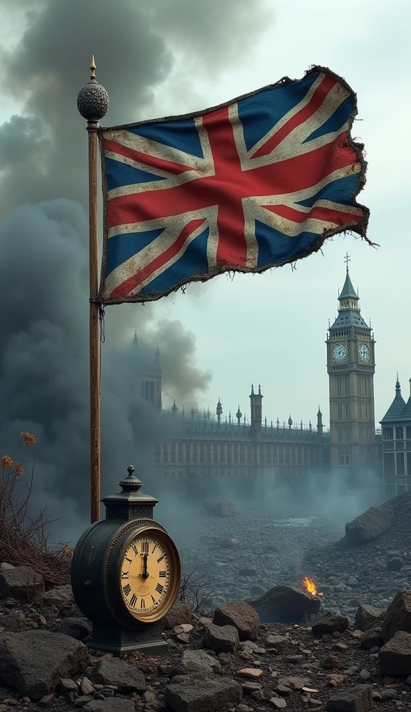 An image of the destroyed palace with plumes of smoke rising. In the foreground, a victorious British flag waves in the wind, with a clock showing 9:40 AM.