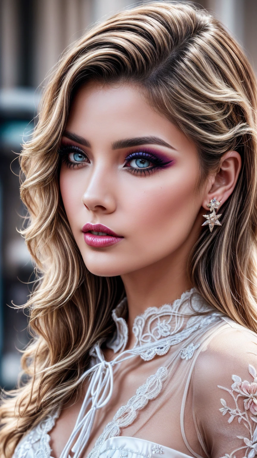 ((Make your subject look three-dimensional with the contrast of light and shadow)), (show 1 woman, 24 years old, famous actress, confidently walks on the red carpet, Film Awards Gala), (absurd quality,16k,highres,masterpiece:1.2), ultra details,UHD,(photorealistic Realism 16K Quality), (ultra absurd quality, extremely detailed detail, hyper resolution, clear sharp focus, not blurry, Realistic brown_eyes:1.35), (perfect dark_eyeshadows), looks at the viewer, (droopy eyes:1.3), Dark Eyes, Thin eyebrows, Carefully draw eyelashes, (tired and sleepy and satisfied:0.0), (close up of a woman's eyes), perfect round eyes, finely detailed pupils,BREAK,detailed lips:1.3,pink_makeup:1.22, long_blue_eyeliner:1.28, red_lipstick:1.35,(perfect dark_eyeshadows:1.4), (super detailed professional makeup on eyes:1.3), (Detailed nose:1.2), dry skin, Depth of field, cinematic light, Lens flare, best high quality real texture skin, (A woman with velvety skin:1.3), (best high quality real texture hair), (blonde hair((wavy combed up, behind the ear:1.22)), hyper detailed:1.25), (white, eye-catching (lace-up) over-the-knee boots:1.35), ((high heels)), (firm big full breasts), (narrow waist:1.2), ass, perfect thighs, (slim muscled body), she is the embodiment of beauty and allure, (Dressed in a breath taking, silk Dolce&Gabbana Floral dress:1.3), elegant fashion intricately detailed:1.28), floral couture, clothes made of silk and flower,