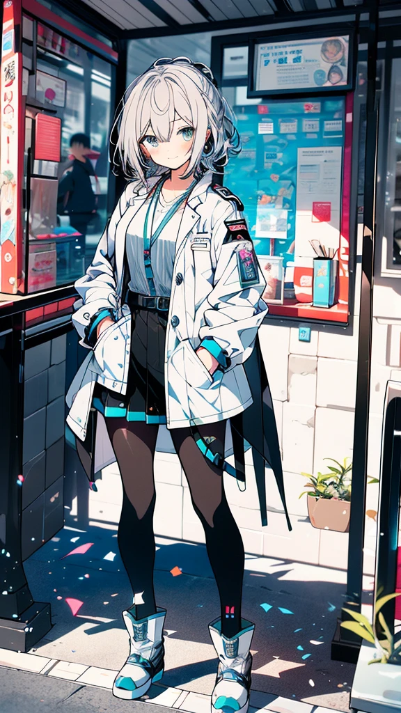 masterpiece,colorful,The best quality at its best,solo,One girl,boots,Green Eyes,High resolution,View your viewers,Stand on your own two feet,White coat,(uniform:1.3),Put your hands in your pockets, 長い青い髪と白いシャツと黒いスカートを着たAnime, hatsune miku, Portrait of hatsune miku, hatsune miku short hair, Vocaloid, Hatsune Miku portrait, friend, Mikudayo, 青緑色の髪のAnime, hatsune miku cosplay, Hatsune Miku's Face, Animeスタイル4 K, Anime, 魅力的なAnime