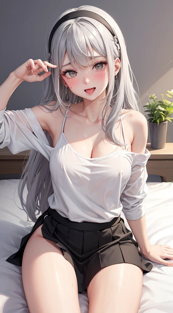 1Girl, 25 years old, Solo, Anime, Ideal body, (Cleavage, Small breast, Hard Nipples). Beautiful, Gorgeous, Fresh, Blunt Bangs, (White Grey Hair:1.5),(Straight and Wavy Long Hair:1.3), colorful cloth, random cloth, casual shirt, casual dress, casual skirt, camisoles, cotton texture, laced cloth, casual pants, Off-Shoulder, Oversize, Comfort, Loose shirt, Fabric Texture. (Sit on bed:1.3). Earrings, Thin Black Headband, Green Accessories, Environmental Details, Bed Room, Natural Light, Modern Bed, Chair, Window, White Curtain, City View. pov, anime style, UHD, retina, masterpiece, accurate, anatomically correct, textured skin. High Resolution, Looking at the viewer, Blush, Best Quality, Award Winning, Accurate, Embarrassed, seductive smile, sweating, Naughty Face, Chin up, lips open, Gradient Eye Color, Sexy Pose. In the top view shot, the body is bent to the viewer, in front of a camera, looking up to the viewer, tongue out, and with an open mouth. From Above, (sticky goo on breast), (goo on body), (sweating).