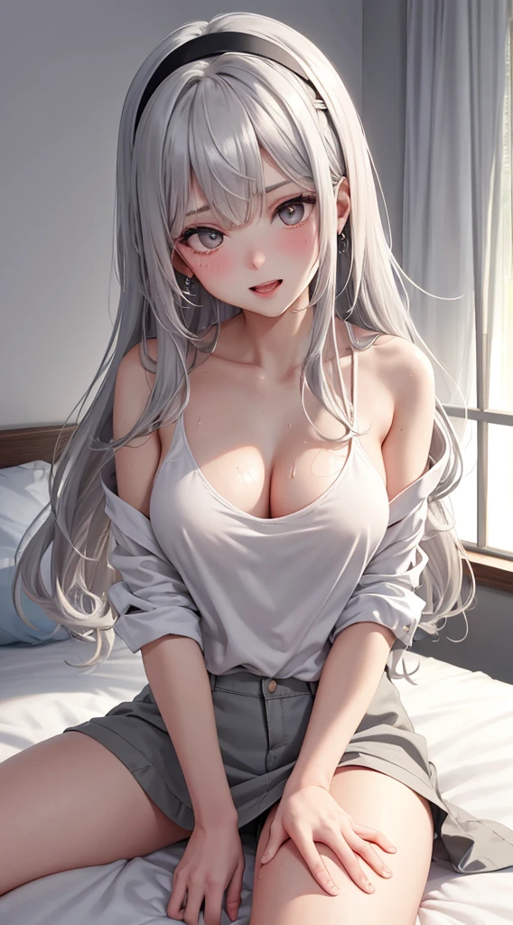 1Girl, 25 years old, Solo, Anime, Ideal body, (Cleavage, Small breast, Hard Nipples). Beautiful, Gorgeous, Fresh, Blunt Bangs, (White Grey Hair:1.5),(Straight and Wavy Long Hair:1.3), colorful cloth, random cloth, casual shirt, casual dress, casual skirt, camisoles, cotton texture, laced cloth, casual pants, Off-Shoulder, Oversize, Comfort, Loose shirt, Fabric Texture. (Sit on bed:1.3). Earrings, Thin Black Headband, Green Accessories, Environmental Details, Bed Room, Natural Light, Modern Bed, Chair, Window, White Curtain, City View. pov, anime style, UHD, retina, masterpiece, accurate, anatomically correct, textured skin. High Resolution, Looking at the viewer, Blush, Best Quality, Award Winning, Accurate, Embarrassed, seductive smile, sweating, Naughty Face, Chin up, lips open, Gradient Eye Color, Sexy Pose. In the top view shot, the body is bent to the viewer, in front of a camera, looking up to the viewer, tongue out, and with an open mouth. From Above, (sticky goo on breast), (goo on body), (sweating).