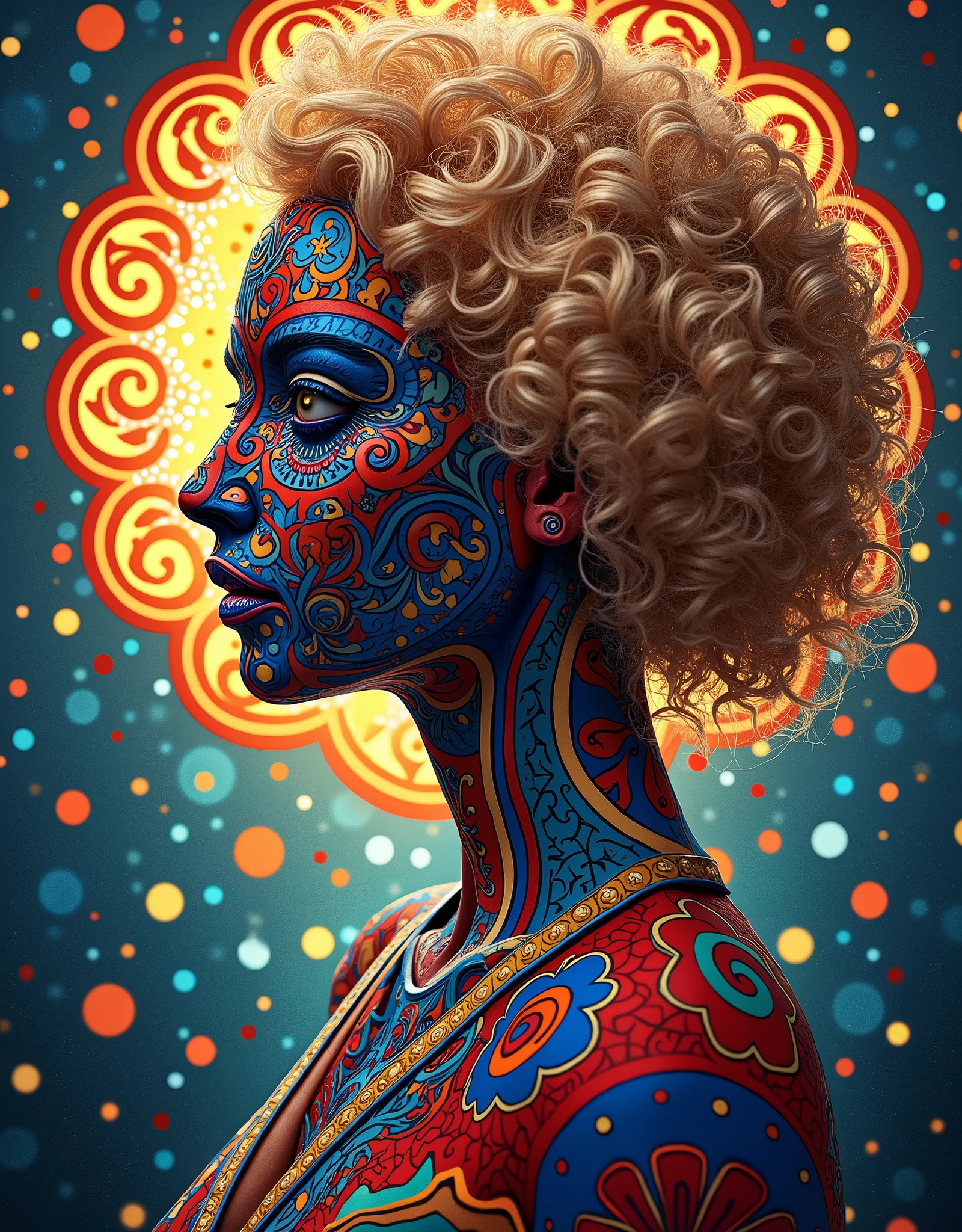 (masterpiece, best quality), 8K,(((Very detailed))), Race:1.8,Super intricate Race pattern,colorful Race pattern,Stained glass background transparent body, Mandala,Light Up,cold, 1 female,Open back,(curls,Blonde),