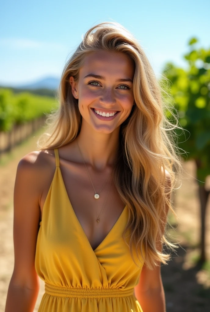 Le même visage que la photo précédente, Une photo de haute qualité d'une belle fille mince de 18 ans, (: 1.5), (portant une tenue d'été 1.3), dans le sud de la France. cheveux blonds très longs et ondulés, Visage attrayant détaillé, beau sourire heureux, Regarder le spectateur