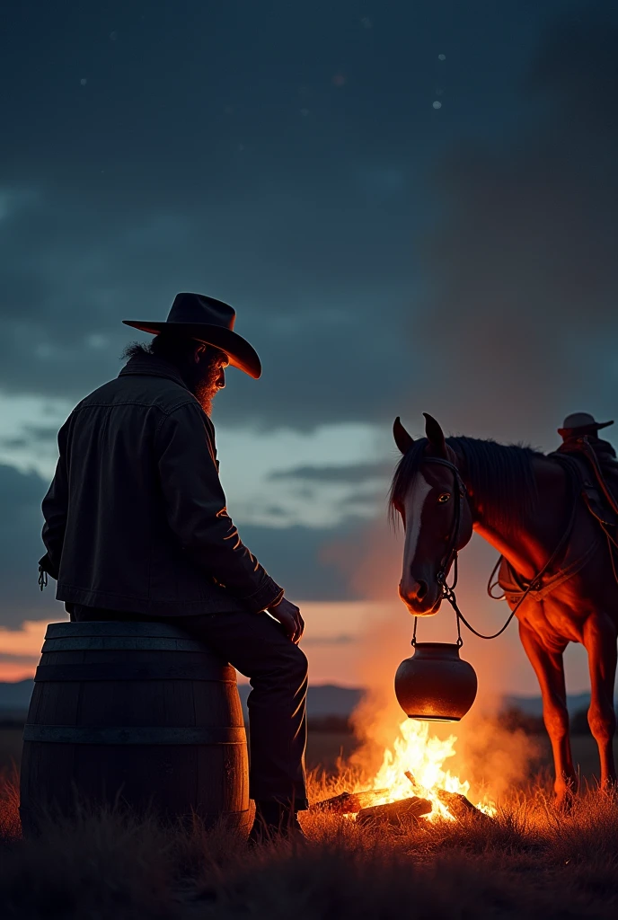 silhouette of a cowboy sitting on a barrel with a campfire in front of him and a pot hanging above the campfire. your horse is on the other side of the fire watching the food being prepared