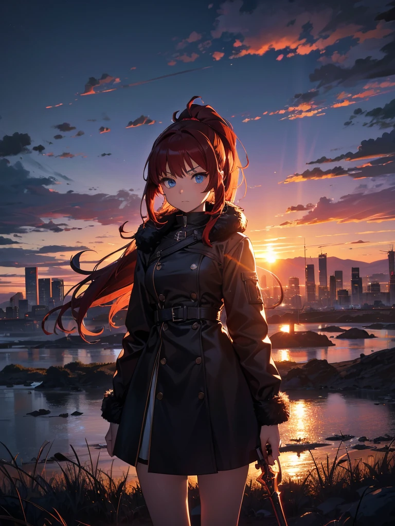 Cityscape, building, Skyline, sunset, Silhouette against a cloud background, meditation. Watching the beautiful sunset, sunset時に, sunset時, sunsetとともに, In the sunset, Nice views, Sunset view, With the sunset, sunset時に, During Golden Hour, looking sunset時に, Sunset in the background, Watching the sunset, Attention,, Very detailed, blue eyes, Redhead, Angry expression,Wearing a black fur jacket, Medium Hair,ponytail, Anime Style, whole body, alone, Stylish Gladiator Girl, I have a rapier,Standing in the Wilderness, 8K high resolution, White Background, The background is a dark and desolate landscape, Horror movie atmosphere. Her figure is very beautiful, Emphasizing the dark and crazy elements. Skillfully expressing the effects of light and shadow, Anime ' Line, Mechanized Soldier Girl, ' Line style