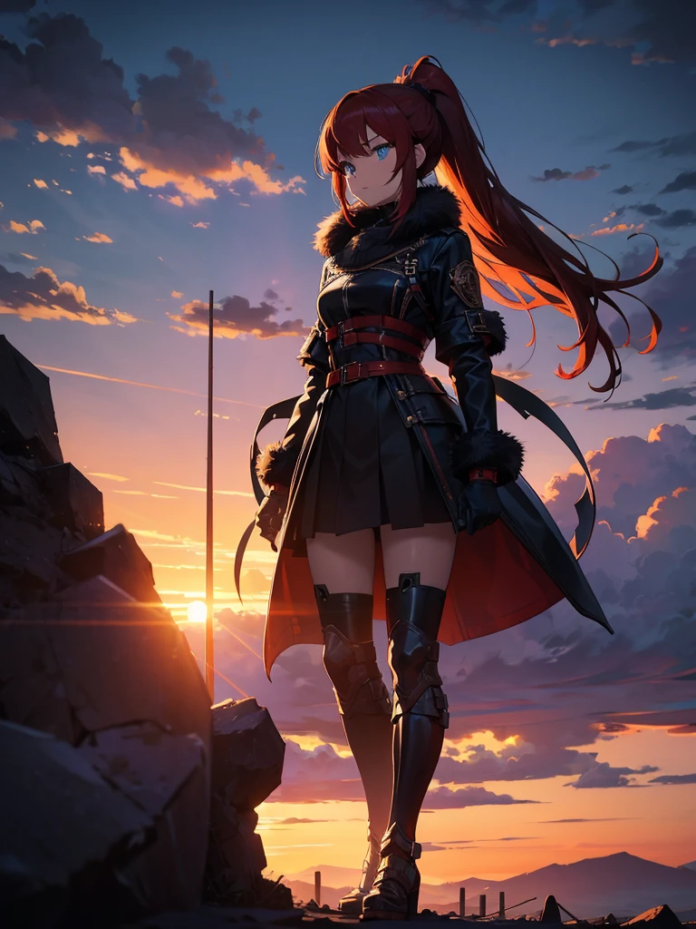Cityscape, building, Skyline, sunset, Silhouette against a cloud background, meditation. Watching the beautiful sunset, sunset時に, sunset時, sunsetとともに, In the sunset, Nice views, Sunset view, With the sunset, sunset時に, During Golden Hour, looking sunset時に, Sunset in the background, Watching the sunset, Attention,, Very detailed, blue eyes, Redhead, Angry expression,Wearing a black fur jacket, Medium Hair,ponytail, Anime Style, whole body, alone, Stylish Gladiator Girl, I have a rapier,Standing in the Wilderness, 8K high resolution, White Background, The background is a dark and desolate landscape, Horror movie atmosphere. Her figure is very beautiful, Emphasizing the dark and crazy elements. Skillfully expressing the effects of light and shadow, Anime &#39; Line, Mechanized Soldier Girl, &#39; Line style