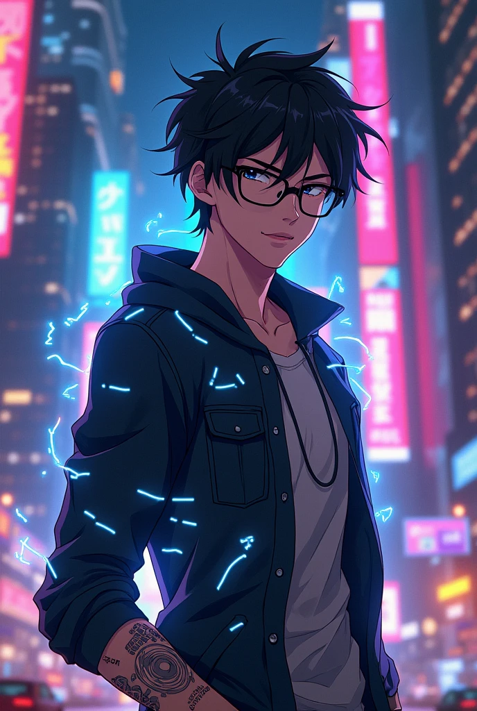 I created a male anime character with video game power, black hair, and glasses. 