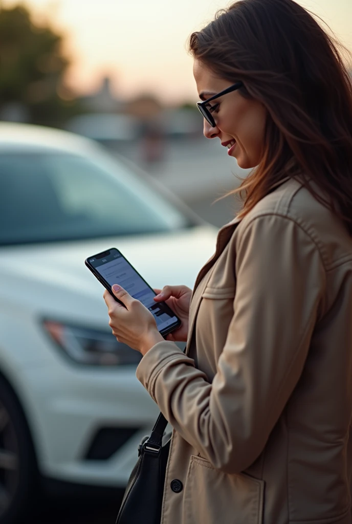 A woman using a mobile app on her phone while waiting for a vehicle.