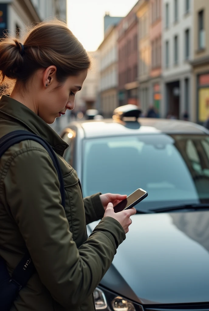 A woman using a mobile app on her phone while waiting for a vehicle.
